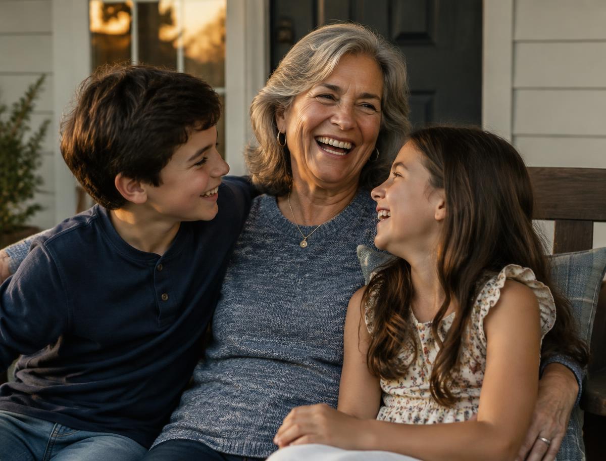 Grandmother laughing with grandchildren on a porch